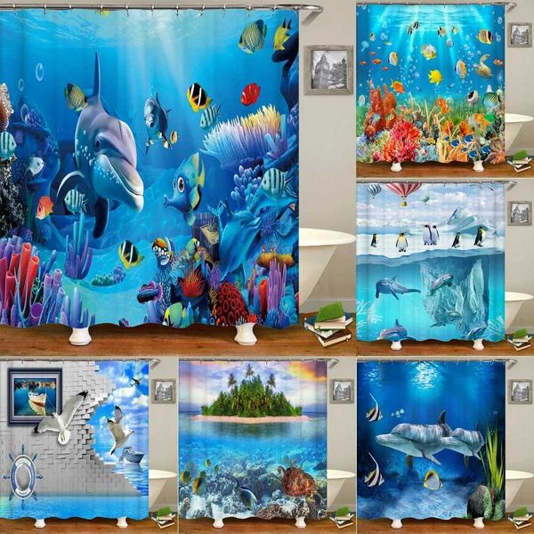 Underwater World Fish Turtle 3d Shower Curtains Ocean Dolphin Sea Scenery Fabric Waterproof Bath Curtain Bathroom Decor Screen Y240815