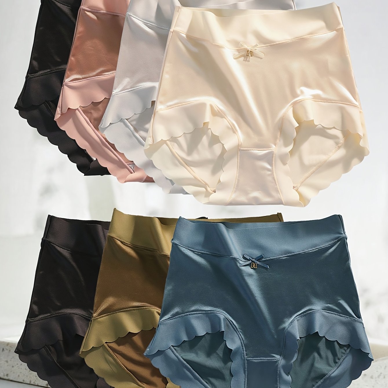 TEMU 7pcs Women's Ice Silky Breathable High-waisted Briefs - Seamless Traceless Underwear With Bow Detail, 6 Colors Elegant Comfortable Lingerie For