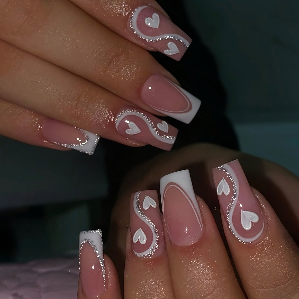 TEMU 24pcs-48pcs Elegant French Style Nail Kit With Silvery And White Heart-shaped Patterns, Glossy Surface, Square Design, Medium Length, Reusable