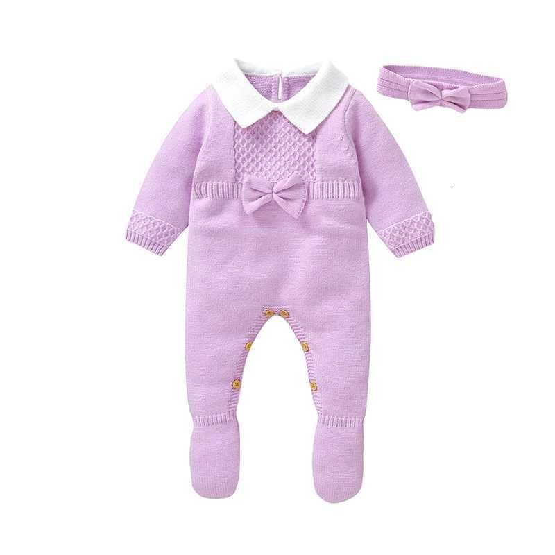 K436 Winter Newborn Girls Rompers Clothes Autumn Purple Turtle Neck Long Sleeve Infant Kids Knitted Jumpsuits Headband Set 2pcs 018m L250906