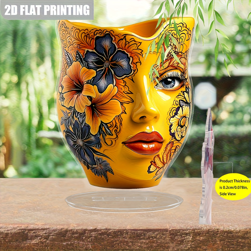 TEMU 2d Flat, 2d Flat Printing, 1pc Bohemian Acrylic Vase With Exquisite - Tabletop Decor In Vibrant Yellow, Blue& Orange, Home, Office& Gifting|
