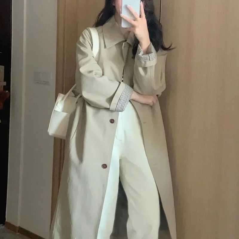 Autumn Women Khaki Trench England Style Elegant Single Breasted Long Coats Belt Slim Turn Down Collar Windbreaker FemaleX240921