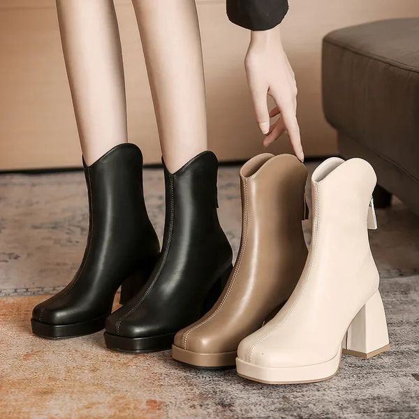 High Heels Short Boots Women Fashion Shoes Autumn Winter Chunky Heels Waterproof Square Toe Plus Size Ankle Boots 250115