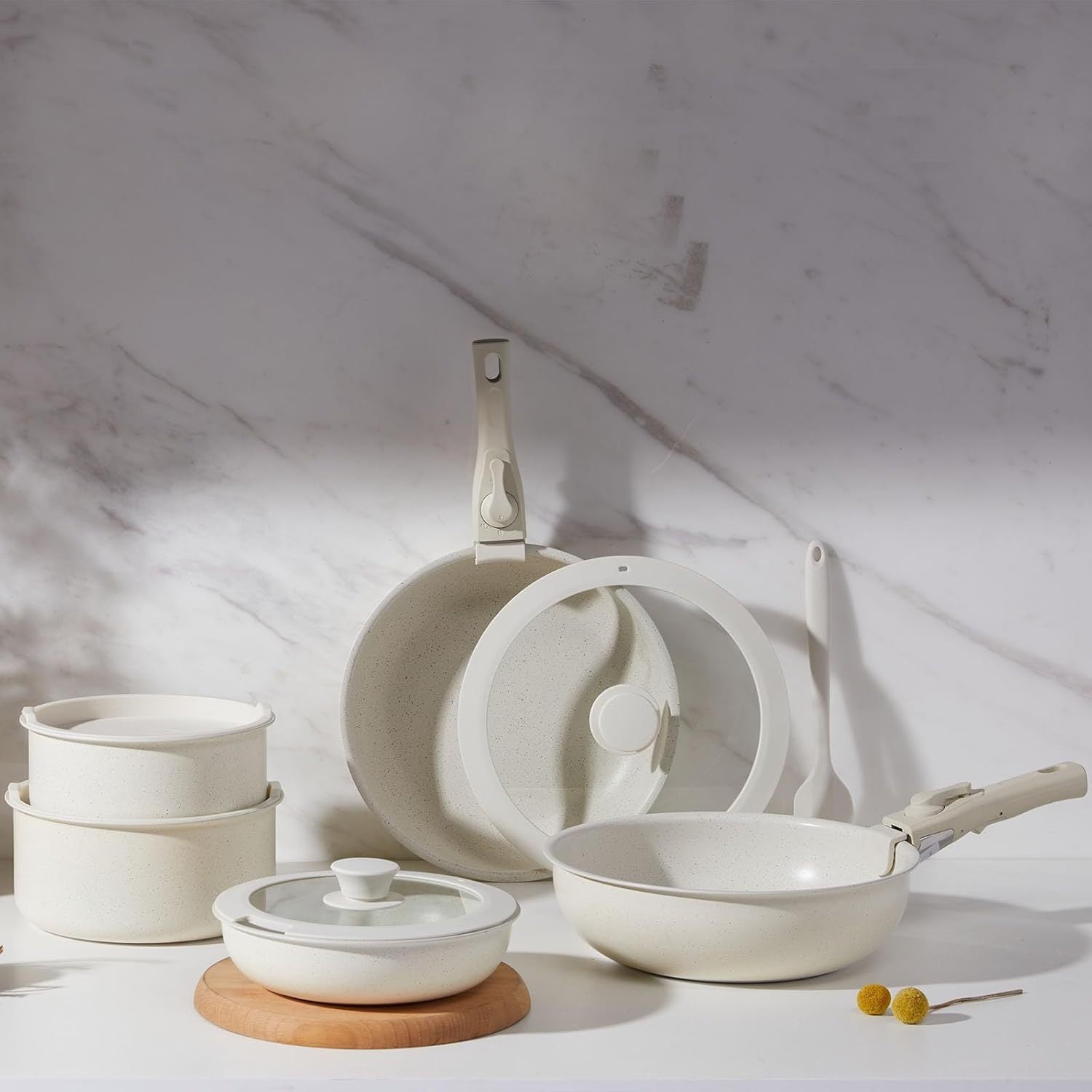 TEMU Idle Pcs Pots And Pans Set Nonstick - Kitchen Cookware Set With Detachable Handle, Induction Cookware, Oven Safe, Stackable Set, Beige