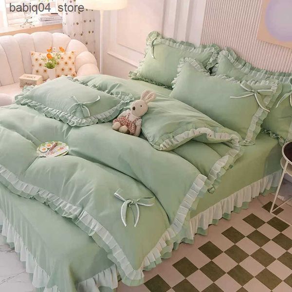 Bedding sets Green Bedding Sets Kawaii Seersucker Bed Sheet case Fashion Girl Princess Duvet Cover 4 Pieces Cute Home Decoration L240910