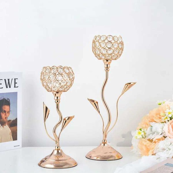 Candle Holders Gold Crystal Candle Holder Iron Flower Shaped Candlestick Small Vintage Candlestick Set for Table Centerpiece Wedding Birthda
