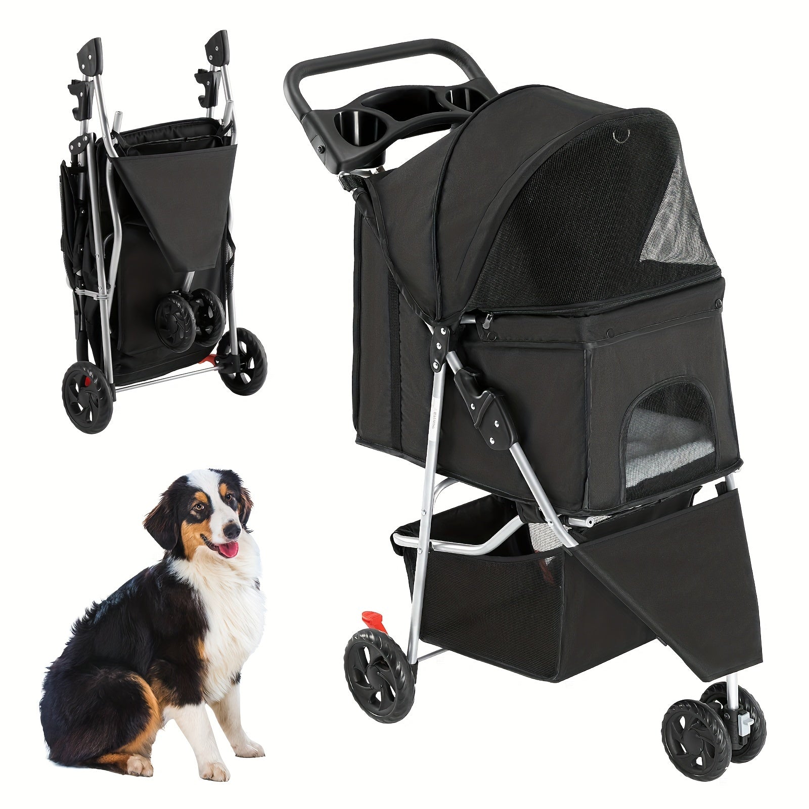 TEMU 3 Wheels Pet Stroller, Foldable Dog Cat Cage Jogger Stroller With Weather Cover For All-season, Storage Basket And Cup Holder, Breathable And
