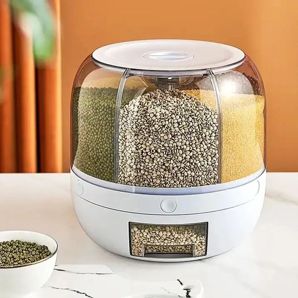 Kitchen Grain Storage Container Dispenser 360 ° Rotation One Click Output 6-cell Storage Suitable For Beans and Rice 240711