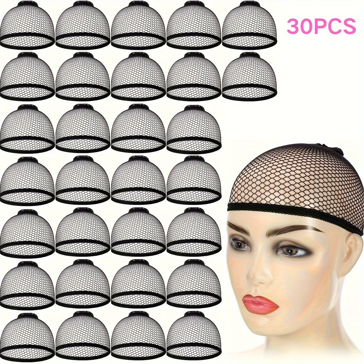 TEMU 30pcs Black Wig Caps - Stretchy Dome & Open End Mesh, Adjustable Liner For Long Or Short Hair, Nylon