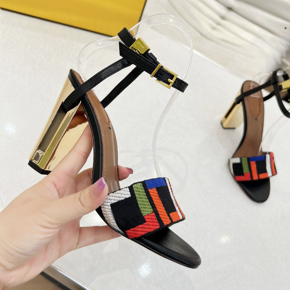 Luxury designer brand women&#039;s high heels Metallic heel Classic fashion canvas jacquard embroidery Special-Shaped Heel chunky heel sandals 35-43