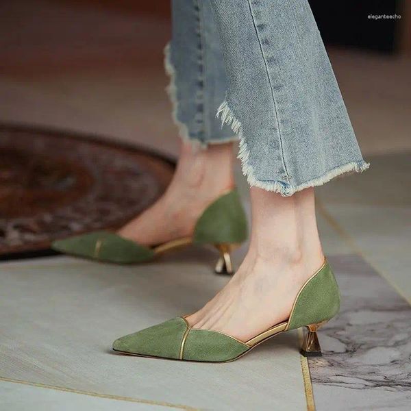 Dress Shoes Summer 2024 With Medium Heels Womens Party And Weddings Footwear Pointed Toe Sandals For Woman Green Closed Chic Elegant