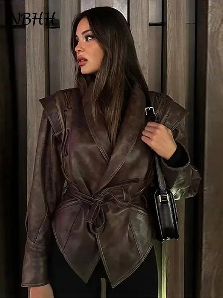 Vintage Street Pu Faux Leather Jacket for Women With Belt V Neck Button Long Sleeve Motorcycle Coat Autumn Ladies Outerwear 241120