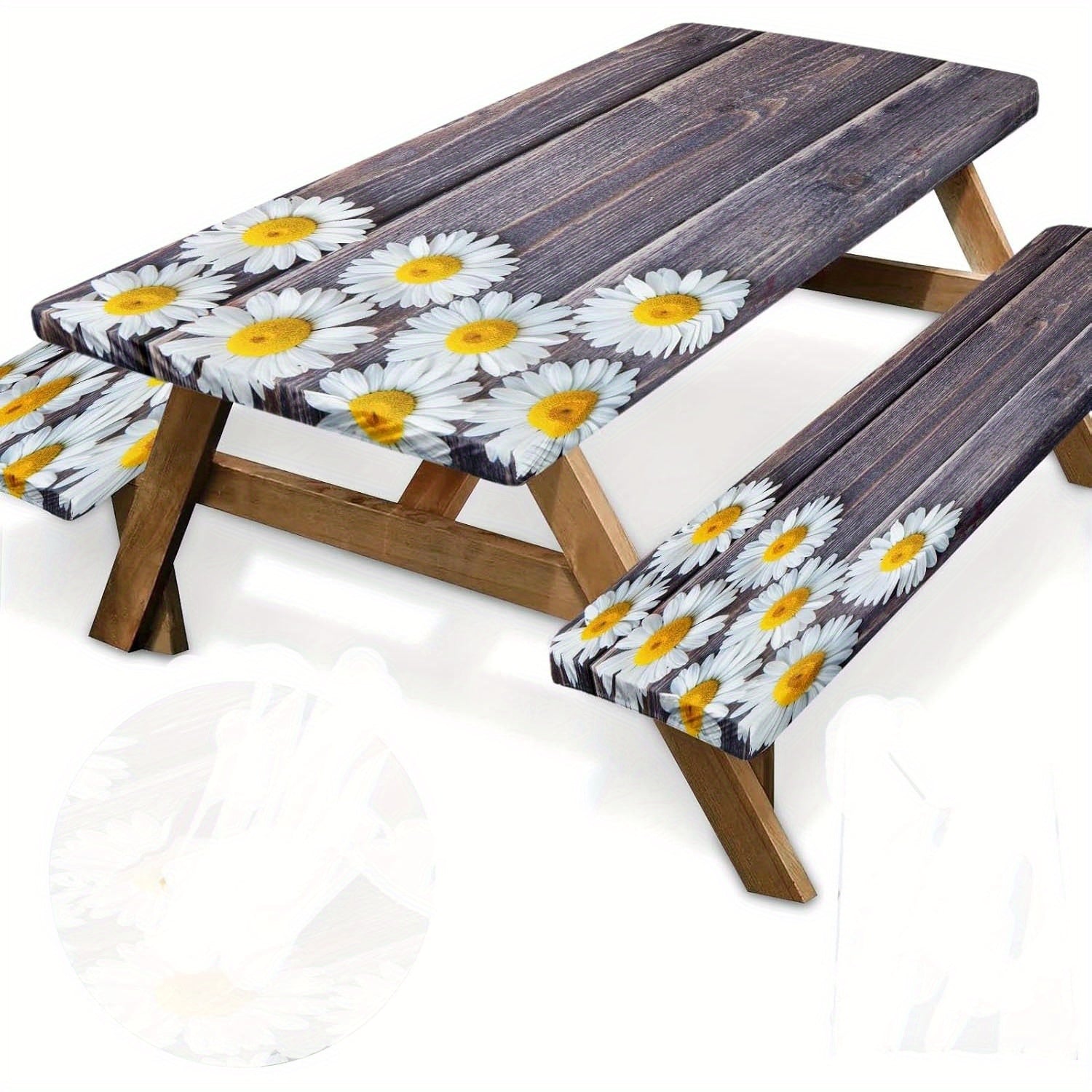 TEMU 3pcs Elastic Edges Chamomile Flower Picnic Table & Bench Covers - Durable Polyester Rectangular Weather-resistant Outdoor Furniture Protectors
