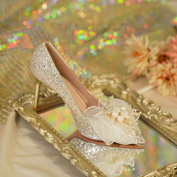 6681-62 French Engagement Bride High-End Temperament Sequins, Two Pairs Of Sparkling And Non Tiring Wedding Dresses, Xiuhe High Heels