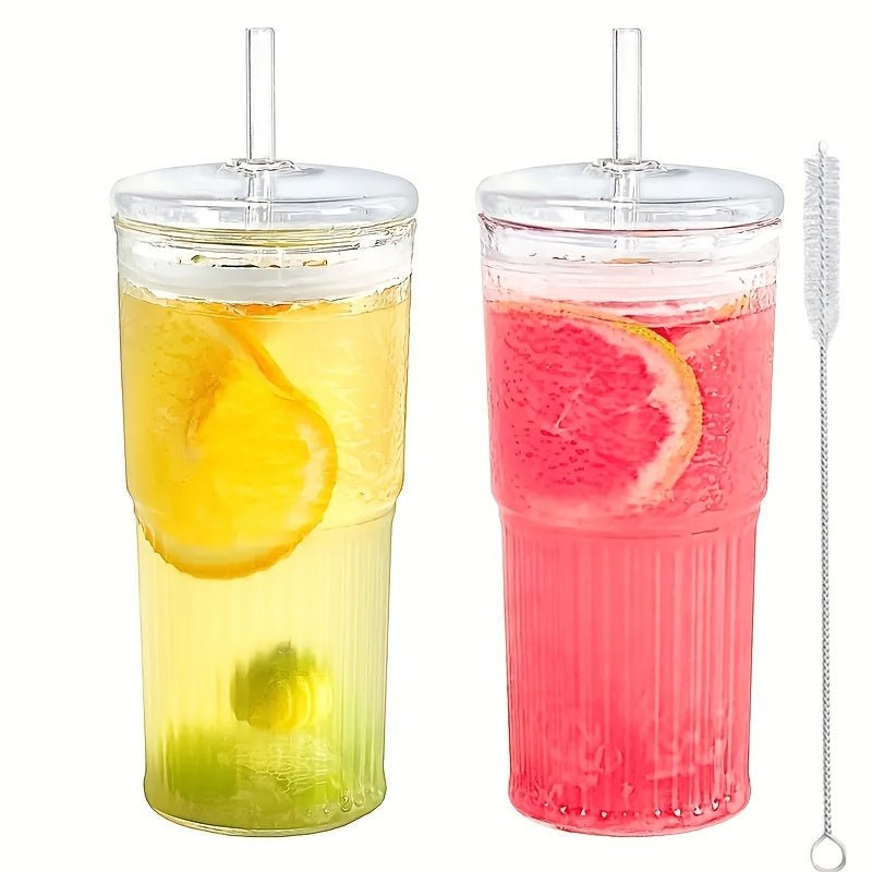 TEMU 2pcs, 650ml-22.2oz Glass Cups With Lids And Straws - Perfect For Iced Coffee, Smoothies, And Travel - Reusable And - Ideal Gift For Women