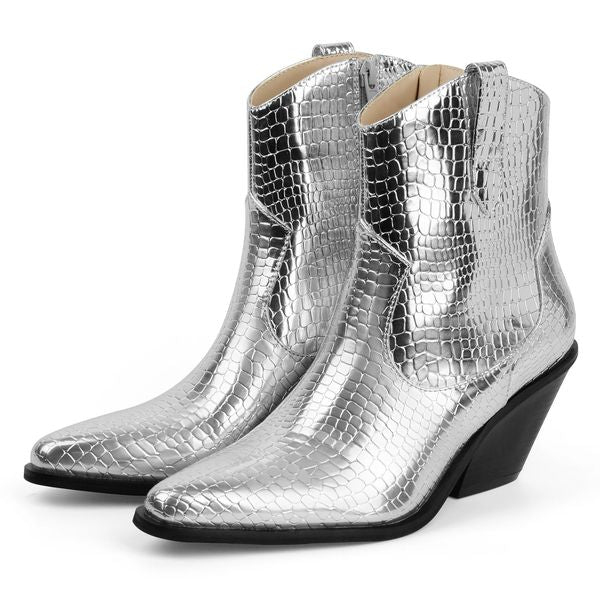 Botas de salto alto de altas botas de tornozelo para mulheres prateadas Black Snakeskin Fashion Party Shoes Chunky Short Biker 241116
