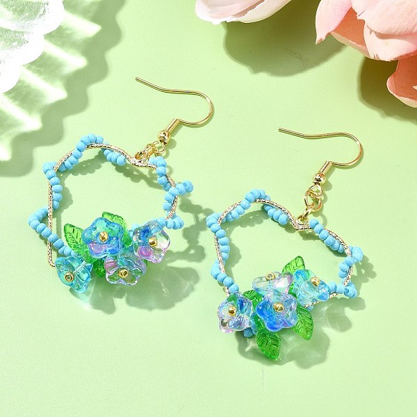 Boucles d'oreilles pendantes en acier inoxydable 304 avec perles de verre et fleurs
