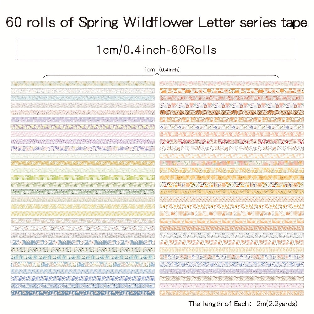 TEMU 60 Rolls Vintage Washi Floral Tape With 6 Rolls Bronzing Scrapbooking Sticker Tapes 2m (2.) Long Decorative Masking Tape Set For Diy Crafts