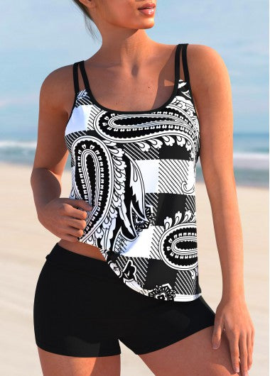 Modlily Black&amp;White Block Print Tankini Swimsuit With Shorts Plaid And Paisley Print Spaghetti Strap Tankini Set - S