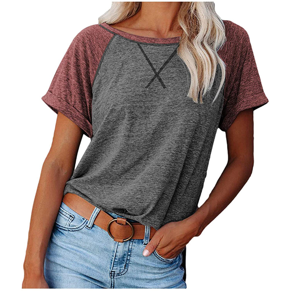 Women's Cross Stitch Contrast Raglan Short Sleeve T-shirt - Red/Grey - X-Large