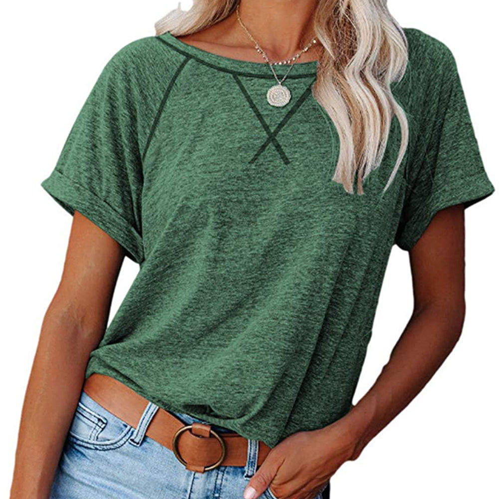 Women's Cross Stitch Contrast Raglan Short Sleeve T-shirt - Green - 3XL