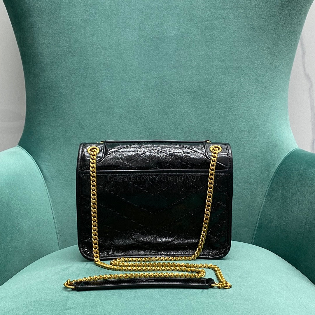 10A Mirror quality designer Pleated Cowhide Niki Gold Chain Bag Woman Meenger Handbag Black Courier Bag Backpack Crobody Small Capacity R