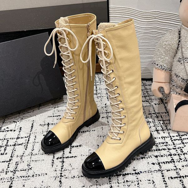 Lambskin Women High Knee Boots Designer With Zippers Lace Up Knight Boot Vintage Round Toes Chunky Heels Outodor Leisure Shoe With Dust Bags