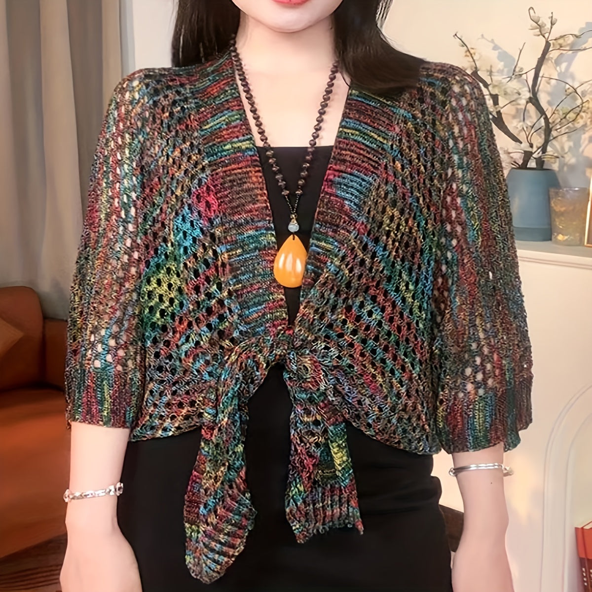 TEMU Women's Elegant Shawl Cardigan - Slim Fit Lightweight Open Front Design, Breathable Cover-up For & Parties, Hand Washable Solid Color Versatile