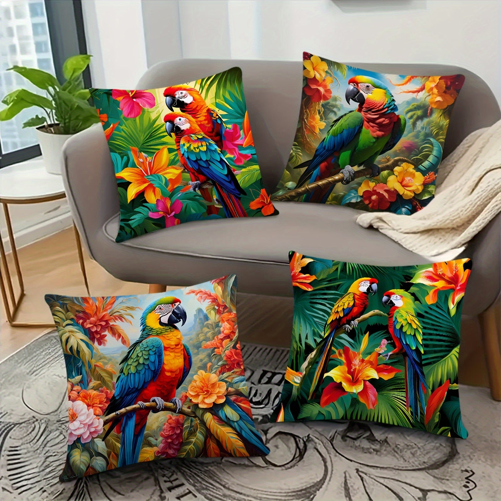TEMU 4pcs Tropical Parrot Plant Flower Short Plush Pillowcase, Zipper Single-sided Print Pillow Cover, Home Decor Sofa Bedroom Decoration, No Pillow