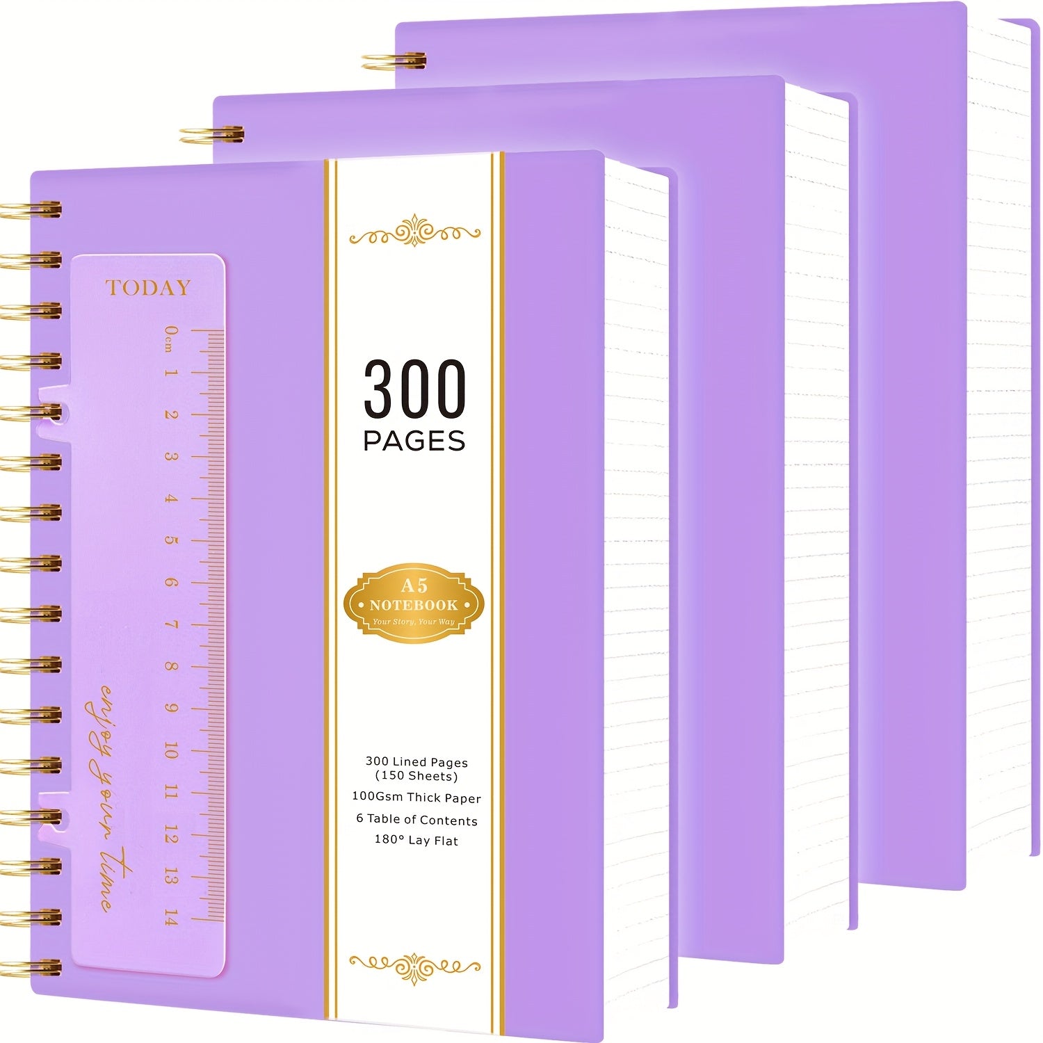 TEMU 3pcs A5 Spiral Notebooks With Pvc Covers - 300 Pages (80gsm Thick Paper), 5.7" & 8.4" Sizes, Golden , Journaling, Note-taking & Women's ,