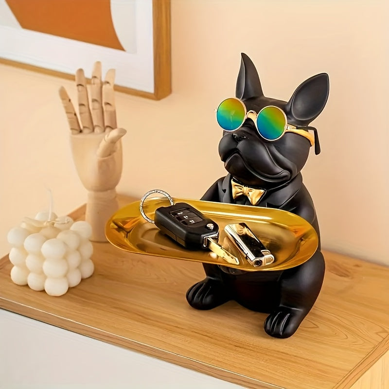 TEMU Statue Of A Bulldog Puppy That Comes With Complimentary Plates And Glasses, A Versatile Desktop Storage Tray Ideal For Decorating Living Rooms