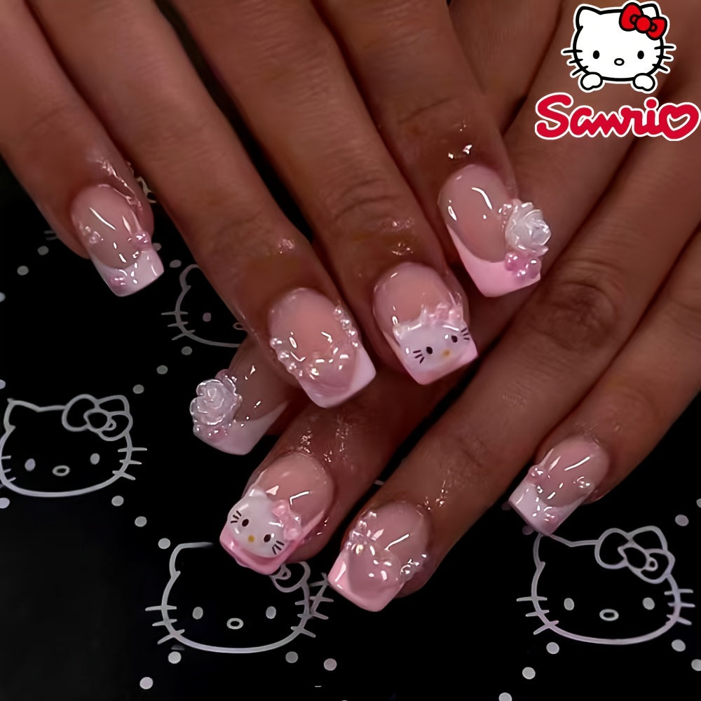 TEMU 24pcs Hellokitty Short Square Press-on Nail Stickers - Cute Pink French Design With 3d Pink Rhinestones & Gems, Glossy Finish, Wearable Nail Set