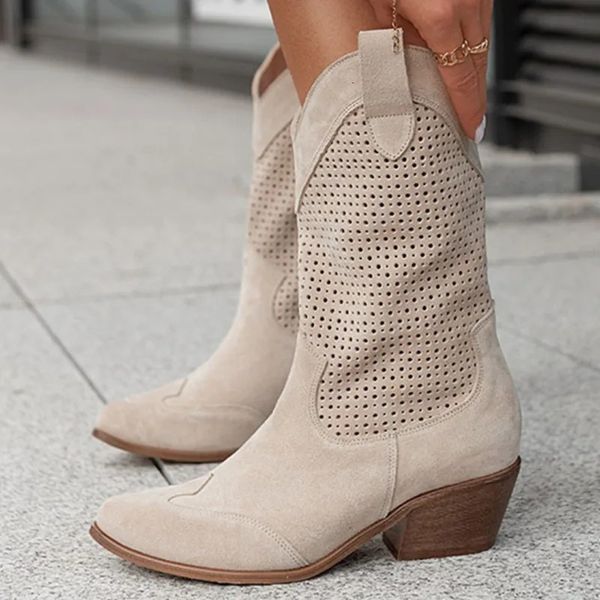 Western Cowboy Boots Women Low Heels Suede Short Boots Metal Buckle Side Zip Size 43 Short Booties Lady Shoes 241112