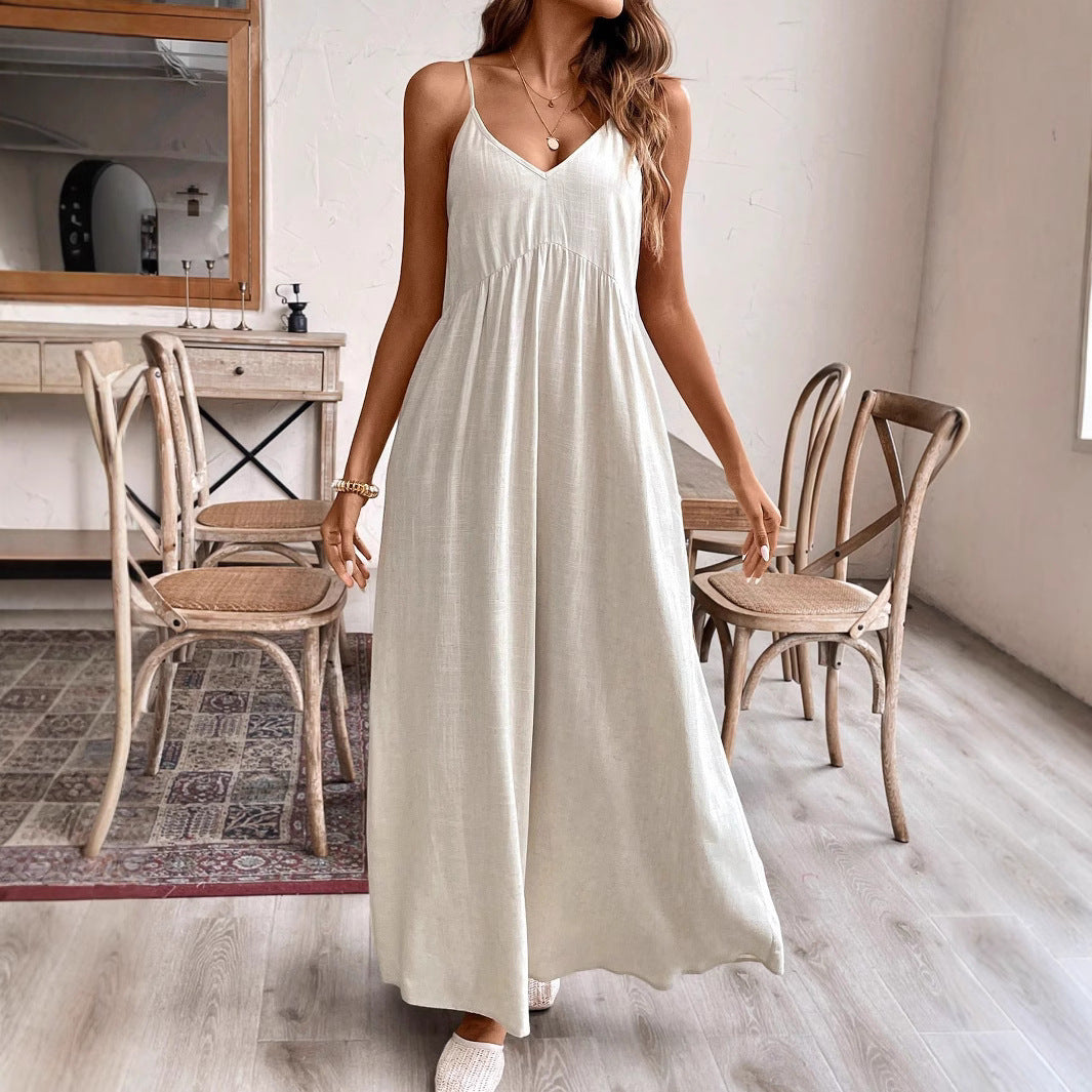 B222 Women&#039;s solid color cotton and linen dress suspenders loose casual A-line long skirt