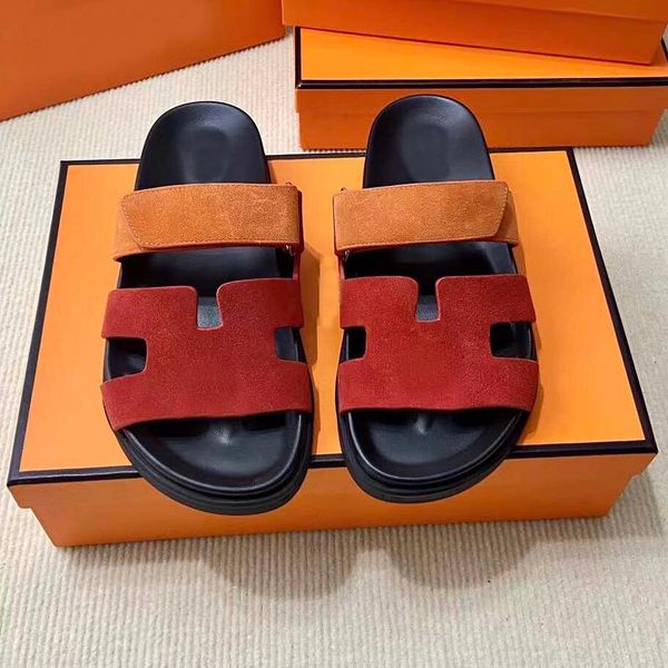 Designer slippers with box, leather sandals, summer and winter beach flat plush slippers, two straps 03