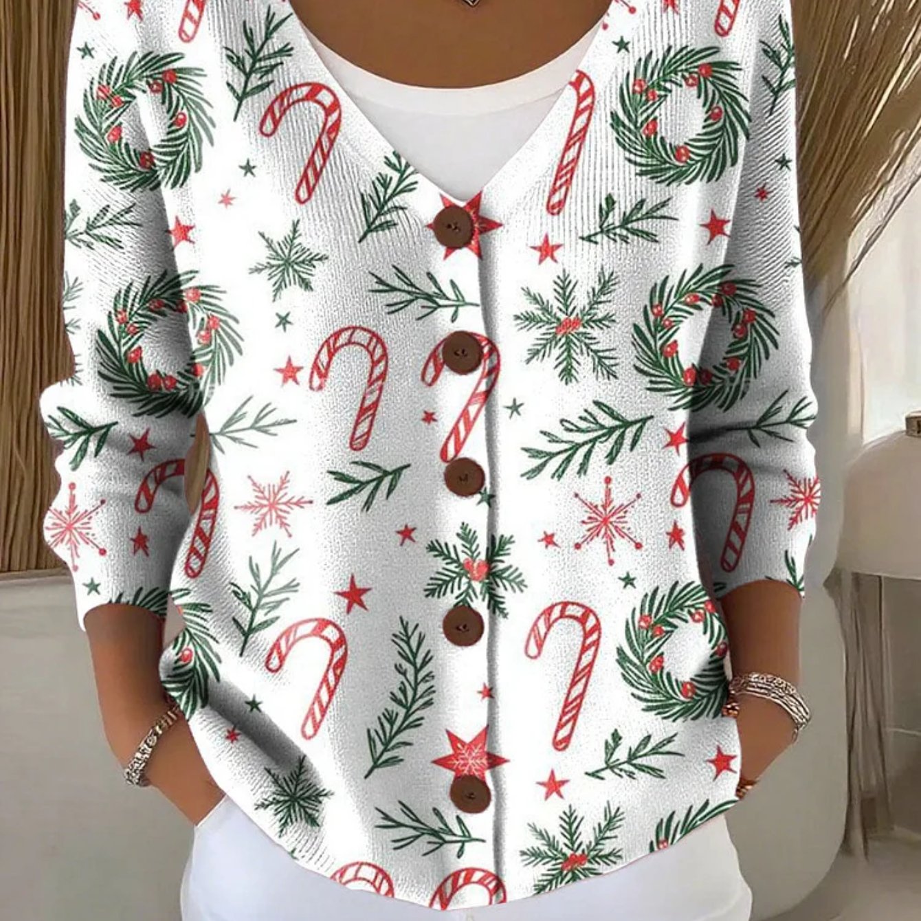 TEMU Women's Christmas Candy Cane & Holly Print V-neck Cardigan Sweater With Button Front Closure, Soft Warm Winter Coat Sweater For Holiday Parties,