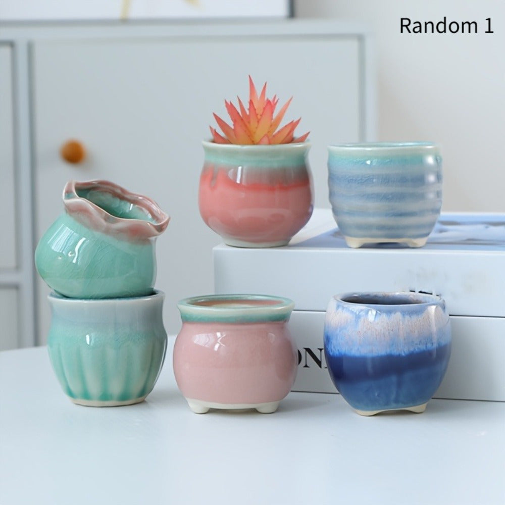 TEMU Mini Bonsai Succulent Planter - Small Round Ceramic Pot With Drainage Hole, Pastel & Blue-grey Color Options (mint Green, Pink, Beige, Navy) -