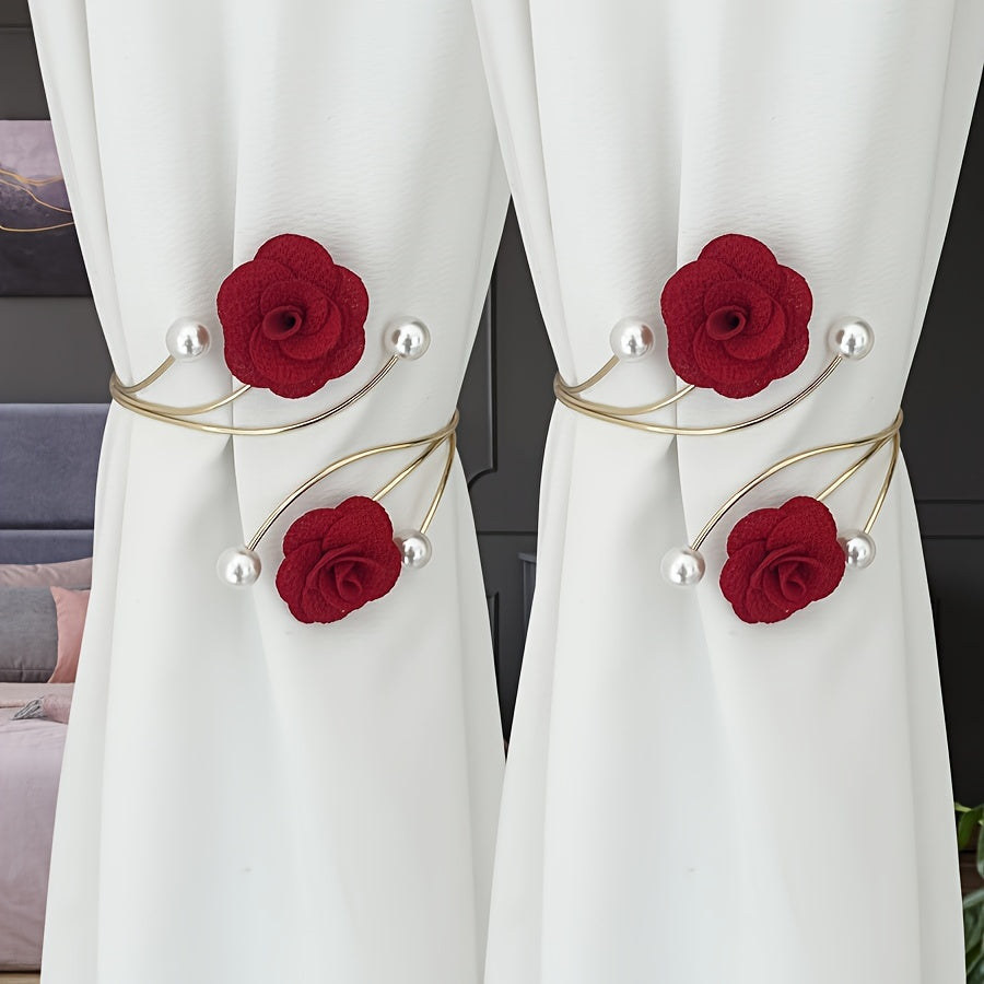 TEMU 2pcs Rose Curtain Tiebacks, Metal And Polyester Floral Curtain Clips For Curtain Storage And Decoration