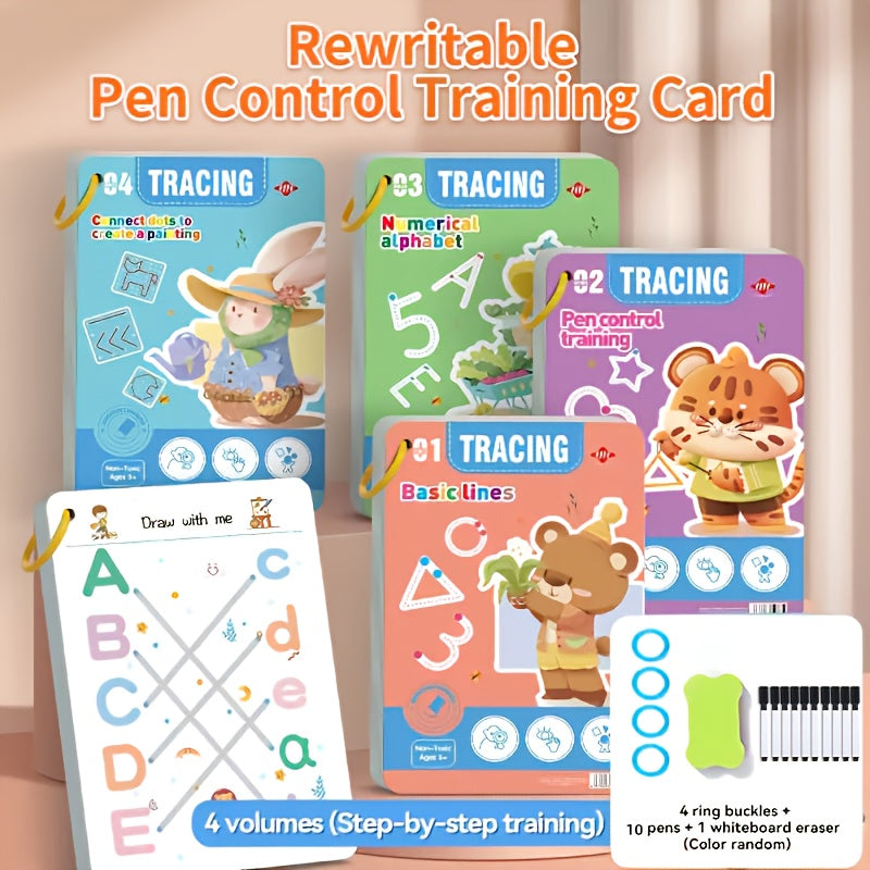 TEMU 128-page Reusable Magic Exercise Notebook Set - Pen Control Training Workbook With Alphabet, Numbers, Lines & Writing Practice | Handwriting