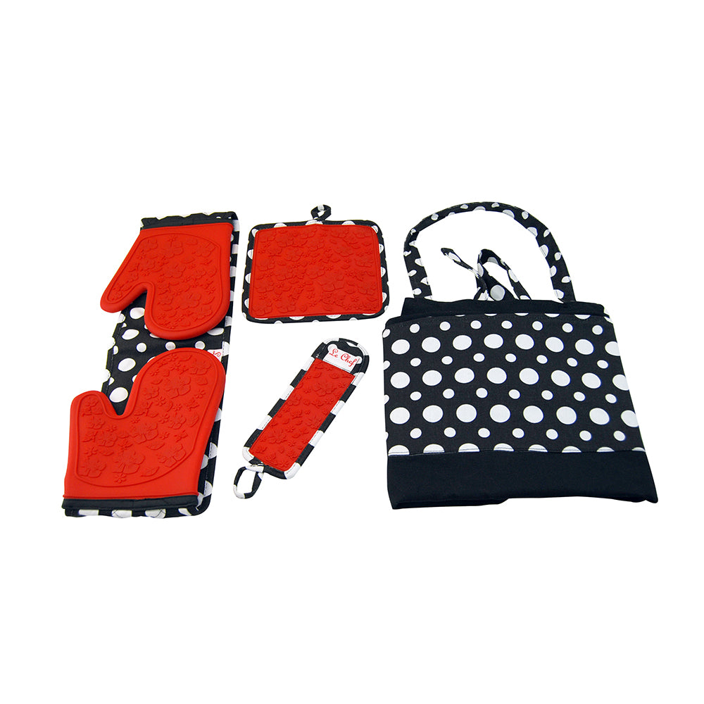 Le Chef™ 4-Piece Kitchen Tools Apron Set - Red Floral Dot