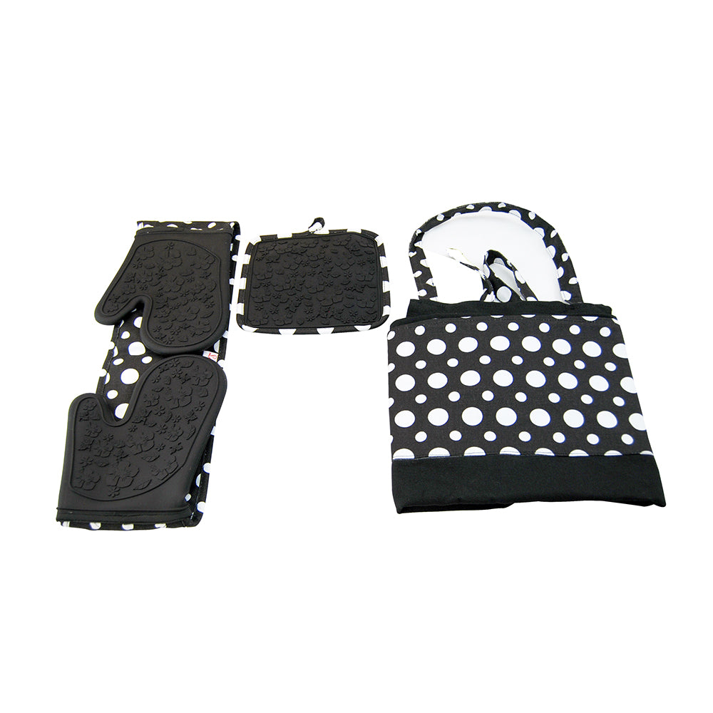 Le Chef™ 4-Piece Kitchen Tools Apron Set - Black Floral Dot