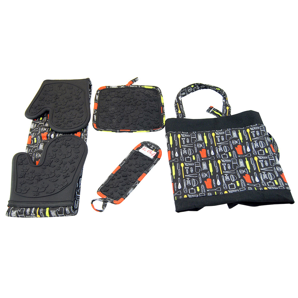 Le Chef™ 4-Piece Kitchen Tools Apron Set - Black Floral Tool