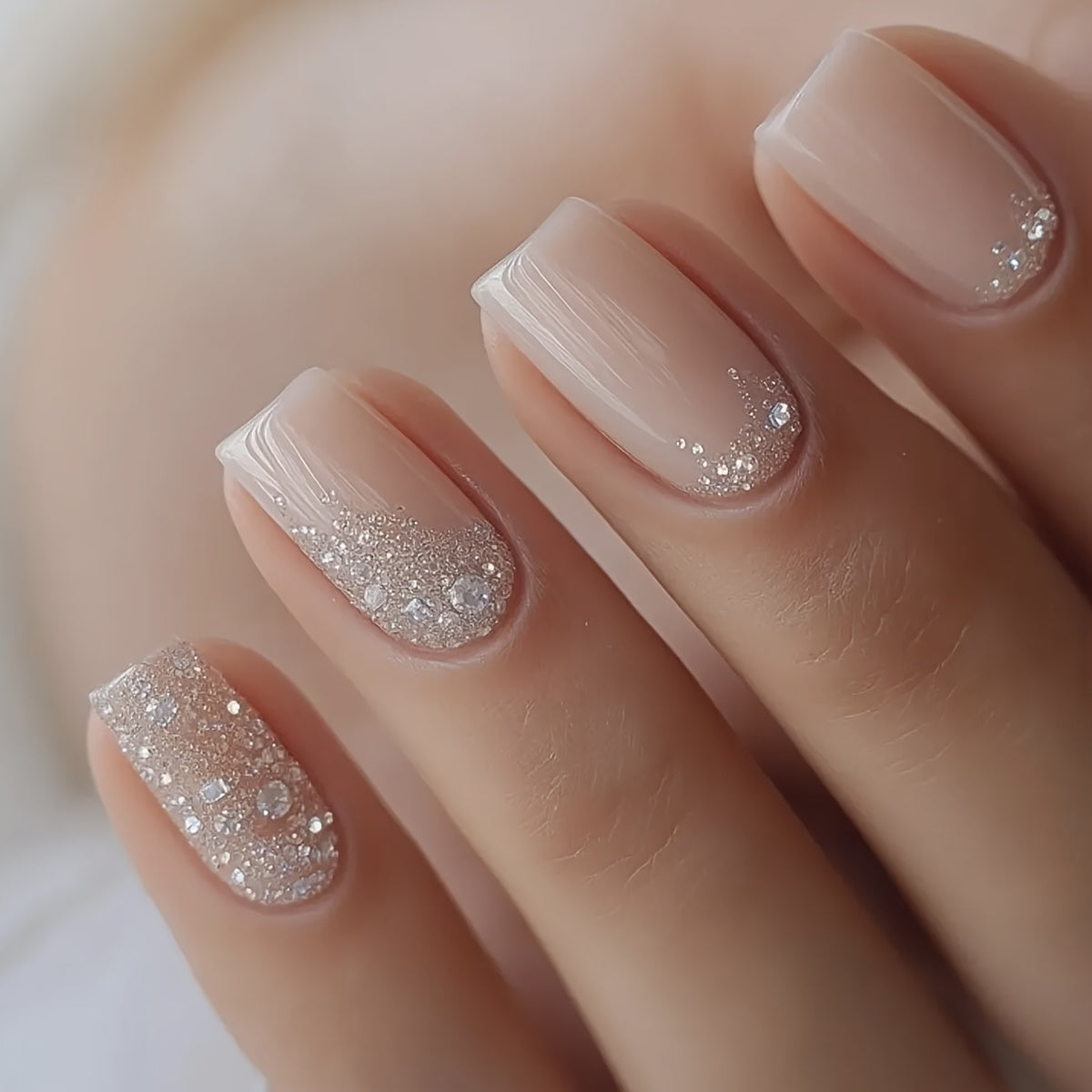 TEMU 24pcs Medium Square Nails, Minimalist Nude Pink Sparkling Sweet Glossy Full Cover Reusable Fake Nail Set With And Jelly Glue, Press On Nails,