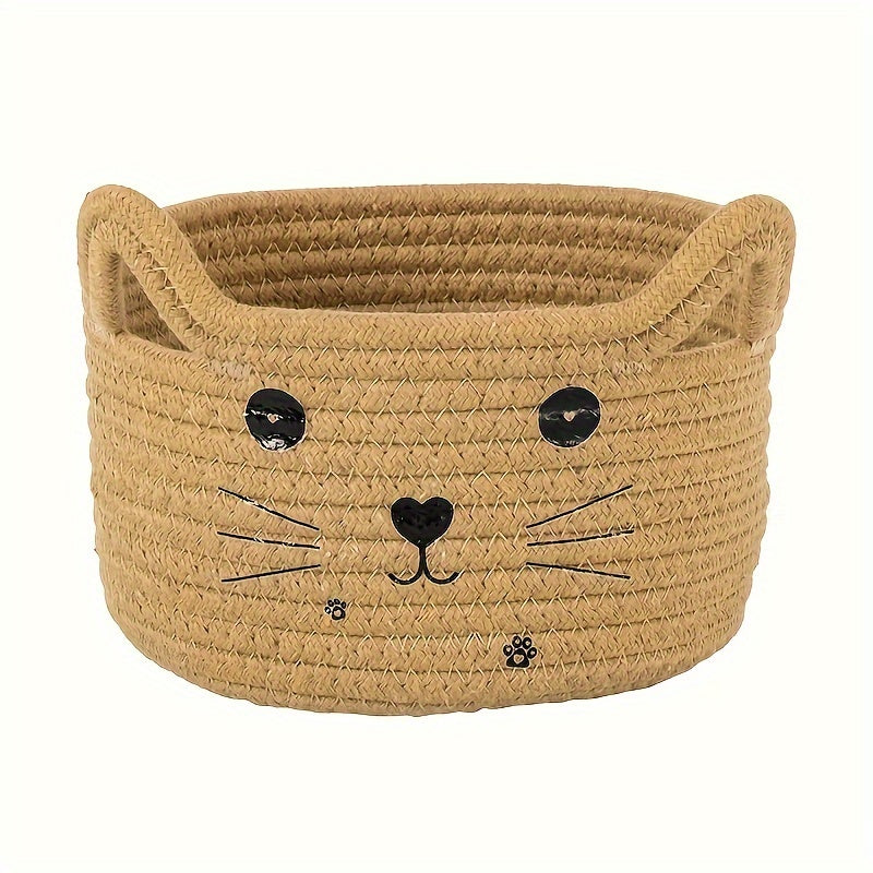TEMU Cat Face Storage Basket - Woven Cotton, Space-saving Organizer For Dorm, Bedroom & Office - Versatile Desktop Sorter For Everyday Use