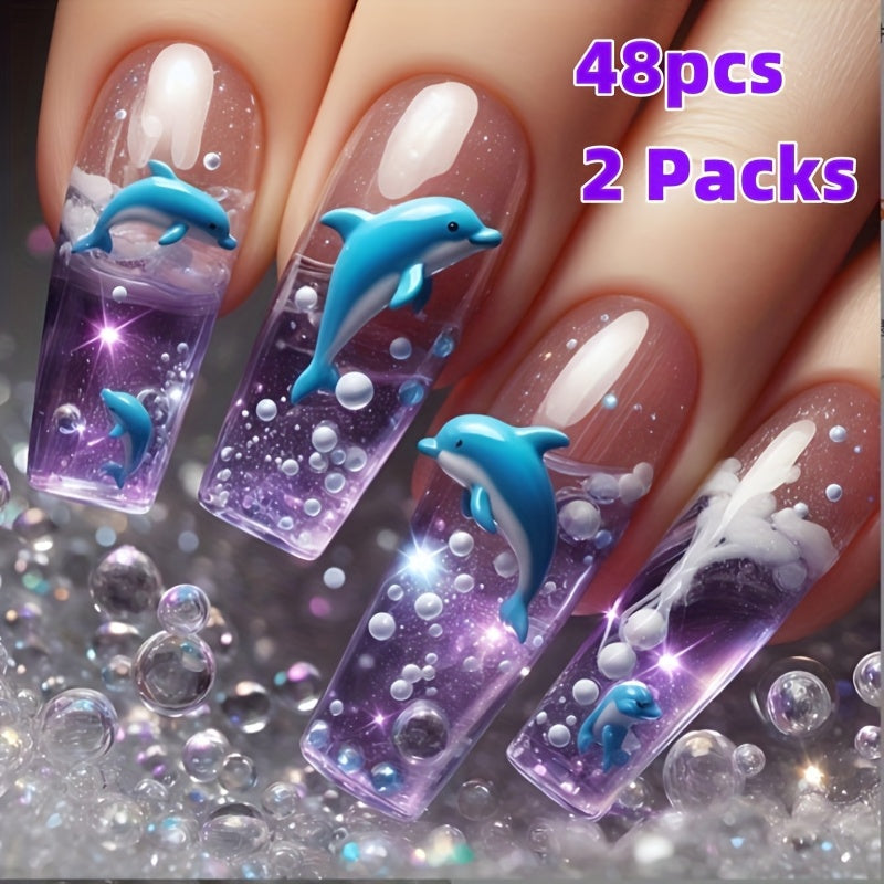 TEMU 24pcs 3d Dolphin Press On Nails - Square Medium Length False Nails For Women S And Summer, Glossy Finish With Jelly Glue & Nail File, Vibrant