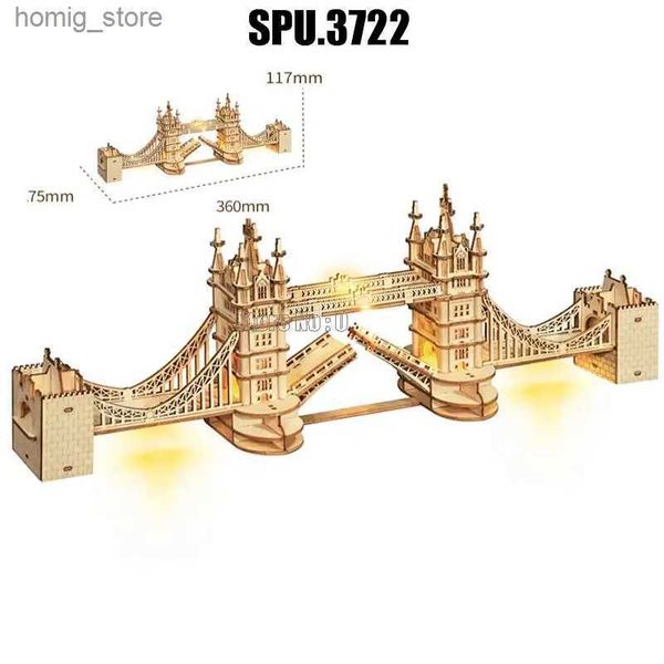 3D Puzzles (no Box) World Great Architecture London Tower Bridge Light Diy 3d Laser Cutting Wooden Wood Puzzle Building Kits Toy Y240415