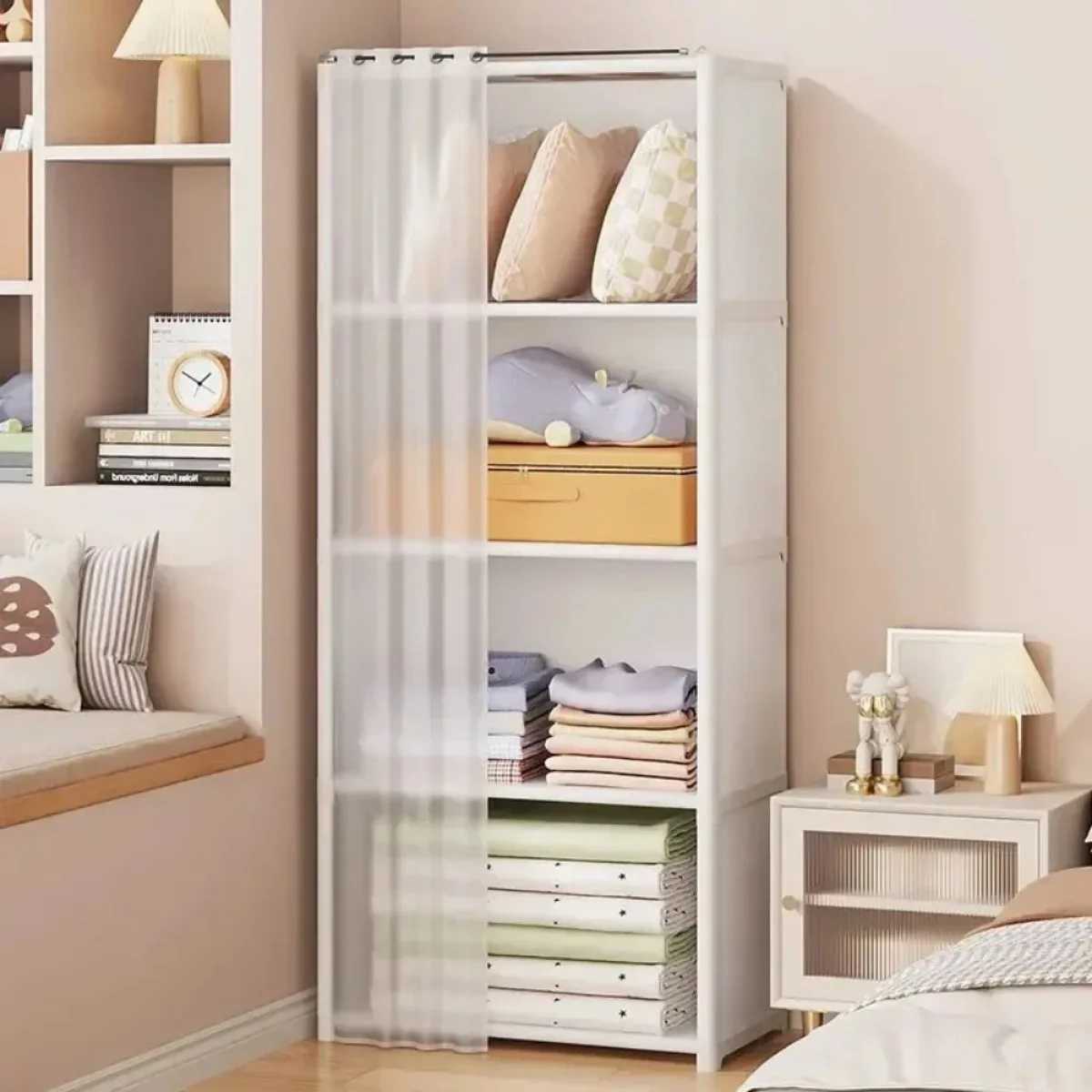 Multi layer storage rack dust-proof wardrobe storage cabinet multifunctional with curtains portable clothing organizer cabinetX240801
