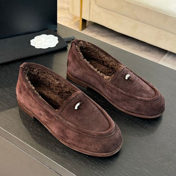 24ss Classic Suede Loafers Slip On Mary Jane Dress Shoes Vintage Round Toes Loafers Ladies Outdoor Ballet Shoe Girls Leisure Shoe Fluffy Sli