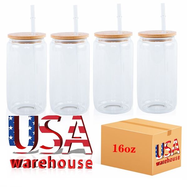 US-CA STOCK 16OZ Mugs Beer Can Shaped Bamboo Lid Cups Bubble Tea Boba Insulated Glass Tumbler With Lid And Straw Indivial Pack