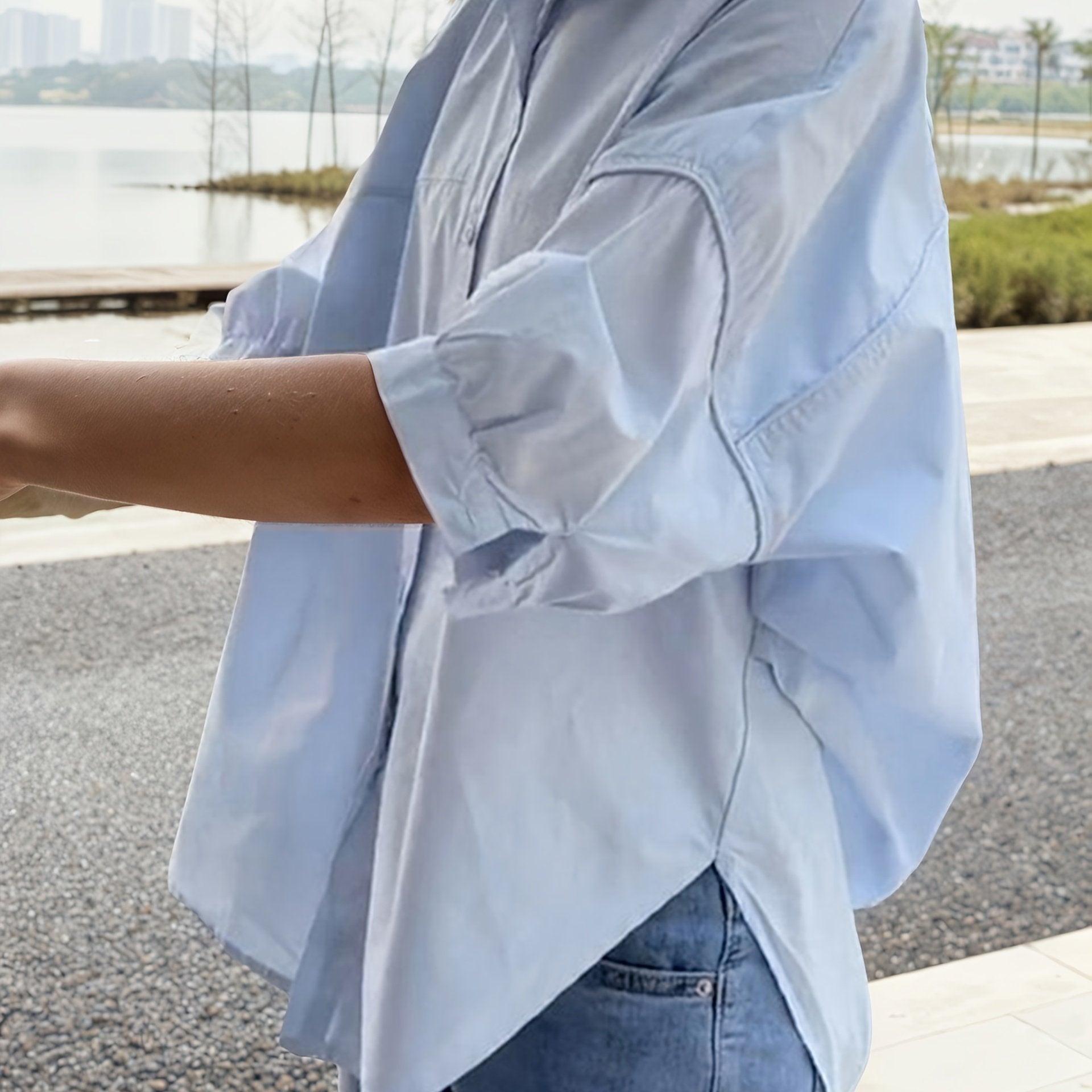 TEMU Blue Lapel Short-sleeved Cardigan Top For Women With A Loose Thin Casual Shirt High-grade Commuter Half-sleeved Shirt